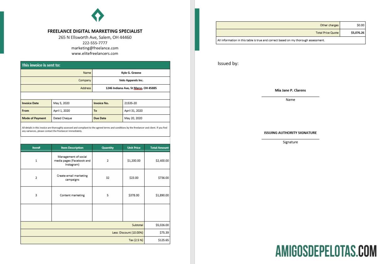 para download Modelo de fatura de serviço freelance